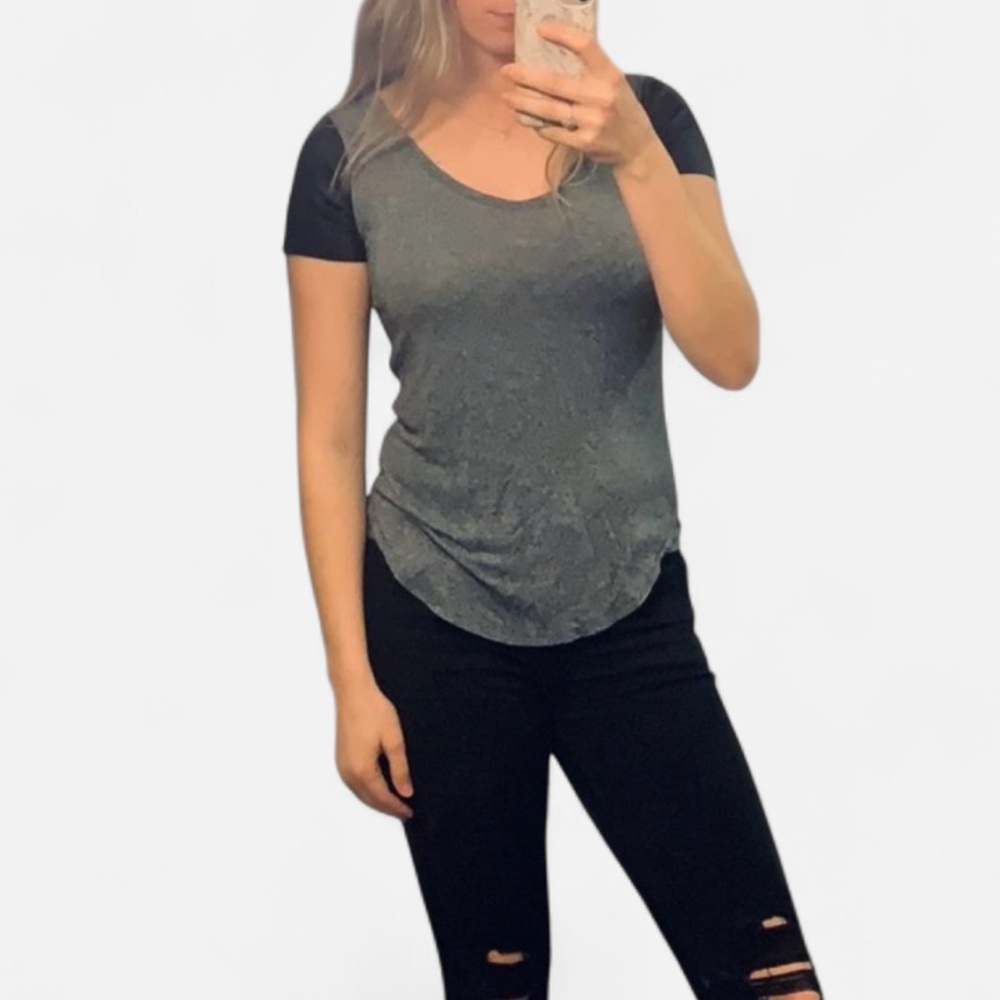 Gray Apt 9 Short Sleeve Tee with Faux Leather Sleeves, Size XS